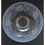 French Opalescent large pedestal dish in a relief moulded lilypad design, probably by Barolac, W34cm
