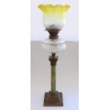 Early C20th green onyx and gilt metal corinthian column oil lamp with facet and diamond cut glass