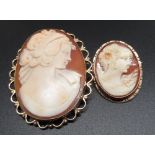 C20th shell cameo brooch of a young woman in profile on 9ct yellow gold mount, and another smaller