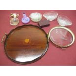 Edwardian Mahogany circular galleried drinks tray with central inlaid conch shell and brass