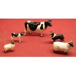 Group of five Beswick animal figures to include Ch. Claybury Leegwater, black and white calf,