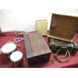 WWII ammo. box, Vidor CN430 "My Lady Anne", AC/battery portable receiver, C20th stained pine box