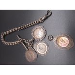 Geo.V silver curb link single watch albert, Birmingham 1915 and four silver Sporting fobs,