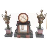 H&F Paris last quarter of C19th slate and variegated rouge marble three piece clock garniture,