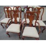 Set of six Queen Anne style dining chairs with vase shaped splats and upholstered seats on