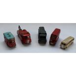 Large collection of playworn Corgi and Dinky trucks and buses, including London Transport