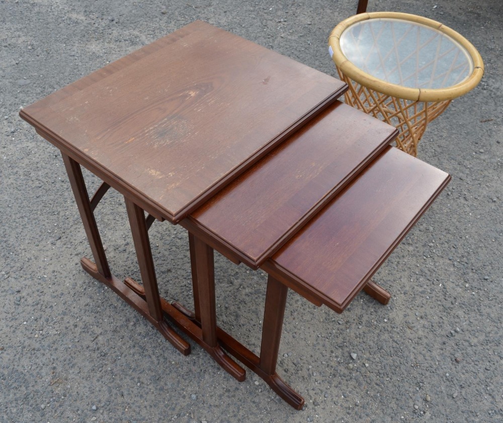 Nest of three teak rectangular tables on square supports and sledge feet, H50cm x D53cm x H46cm, and - Image 2 of 2