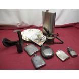 Optimus No. 305 brass blow lamp, cobblers last, C19th hip flask, pewter hip flasks, set of three