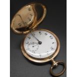 Late C19th/early C20th swiss 14ct gold keyless hunter pocket watch. White enamel dial with roman