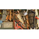 Large collection of hand tools and accessories including saws, hammers, ratchet spanner set, drill