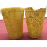 Two C19th horn beakers carved with hunting scene of horse, hounds and huntsmen, H11.8cm (2)