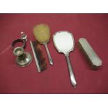 Geo.VI hallmarked silver three piece dressing table set comprising - mirror and two brushes, B&C