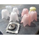 Set of three pink glass flowerhead lamp shades and three similar opaque glass shades, etc (10)