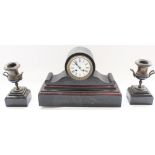 Late C19th French slate rouge marble drum head mantel clock together with associated two piece urn