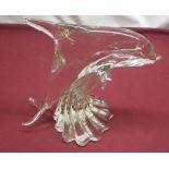 Late C20th French lead crystal sculpture in the form of a dolphin leaping a wave, indistinctly