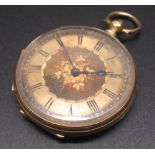 C19th swiss ladies 18ct gold cased key wound and set fob watch, gold coloured Roman engraved dial