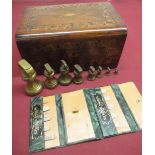 Victorian walnut sewing box with Tunbridge ware decoration, a green case of nickel plated sewing