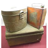 Vintage red metal petrol can with brass cap, metal hat box and small metal trunk(3)