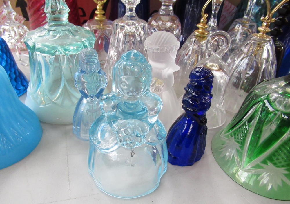 Collection of cut glass and glass bells, some coloured others clear, inc. 4 small glass figures of - Image 4 of 4