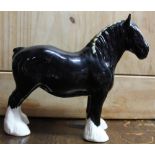 Beswick model of Shire mare in black gloss finish with blue and yellow ribbon, model no. 818