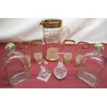 Pair of late C19th continental glass liquor decanters, two C20th lead crystal perfume bottles,