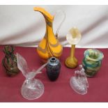 Selection of decorative glassware including orange marbleised jug, lily specimen vase, studio arts