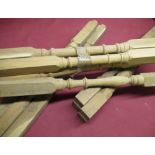 Set of four natural oak table legs with carved decoration L69cm, two other sets of four turned table