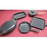 Aga cast iron griddle pan with turn wood handle, cast iron lidded saucepan with turned wood handle