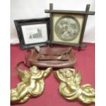 Two gilt plaster cherub plaques, C19th style engraving, C20th print in frame, 1970's leather satchel