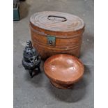 an oval hat box, a hammered copper bowl, a Japanese bronze censor,