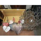Modern pine coat rack hall shelf W50cm, with hanging hearts and a wire work open basket W46.5cm (2)
