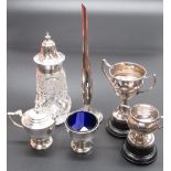 Geo.VI hallmarked silver pedestal mustard and salt, both with blue glass liners, Chester 1939, a