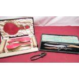 W Wright Ltd Jewellers 1930's pink enamel five piece ladies dressing table set, hand mirror, two