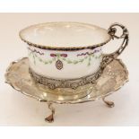 Ed.VII hallmarked silver and Royal Worcester porcelain demitasse cup and saucer, the cup holder