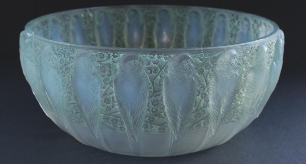 C1930's R. Lalique opalescent and green tinged bowl in the 'Perruches' pattern, body relief