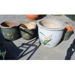 6 glazed terracotta pots with bamboo and flower pattern. Largest pots D39cm, H33cm