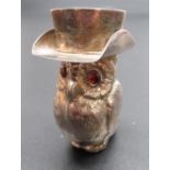 Small continental silver hallmarked Owl vesta with hinged hat top and red glass eyes, stamped .925