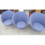 Set of three mid-century style chairs, curved backs and rounded seats on metal supports, W67cm H76cm