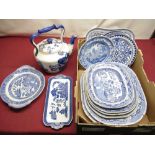 Early C19th Staffordshire pearl ware blue and white print ware dinner plate D25cm, pair of later