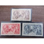 George V, set of 3 unused seahorse stamps, 2s6d,5s and ten shillings (sg109)