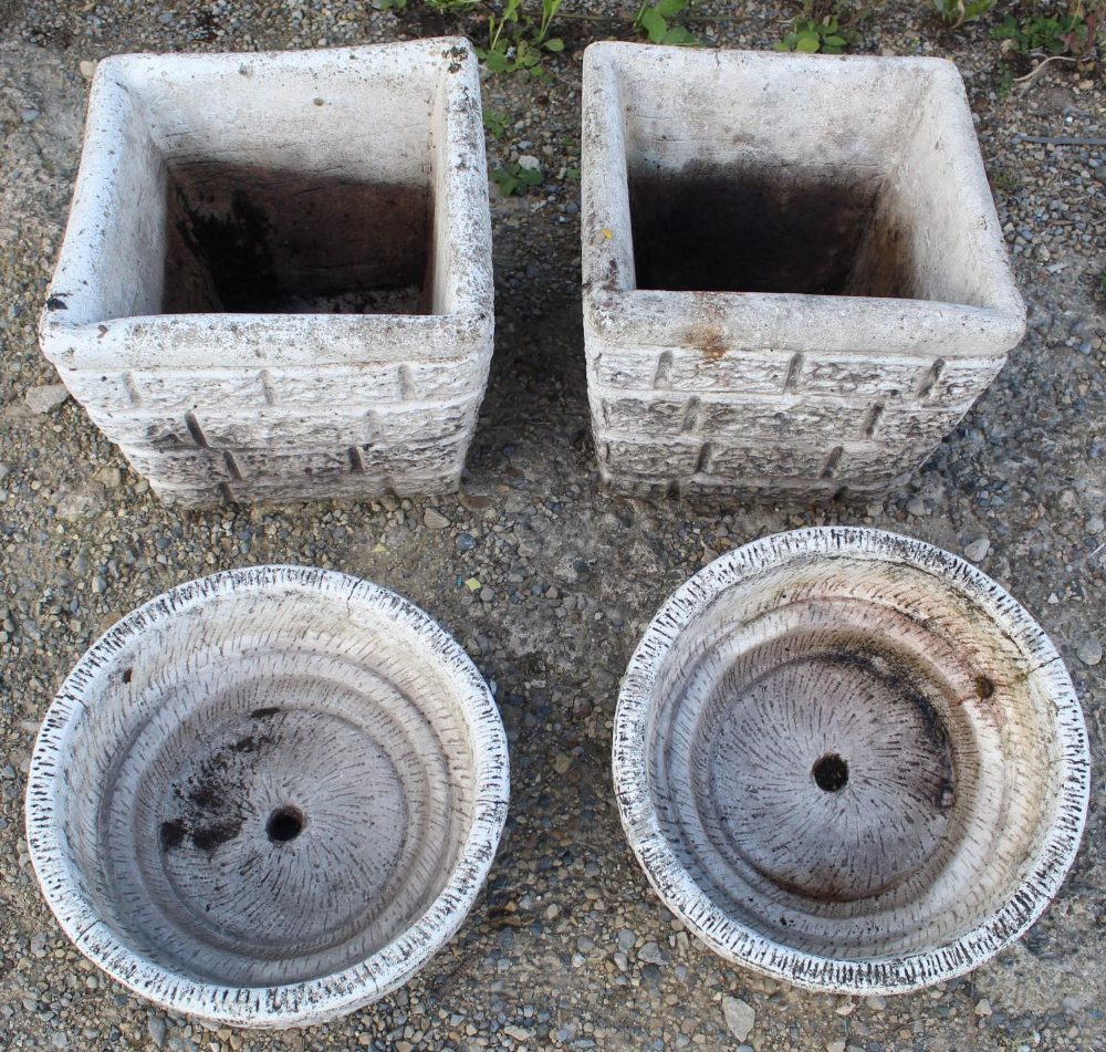 Pair of reconstituted planters with brick design and a pair of reconstituted planters/birdbaths (