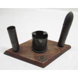 WW1/WW2 trench art Royal Artillery smokers stand on oak base painted on rim with RA motto with