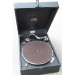 HMV table top Gramophone, retailed by Harrods London, black finish case