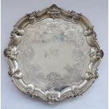 William IV hallmarked silver salver with shell and scroll border, body later engraved in a rose