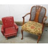 Queen Anne style elbow chair, with cane work back, scrolling arms, on cabriole legs, 1950's childs