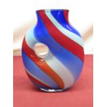Italian Venetian style free form organic glass vase with banded red, blue and white colourway H26cm