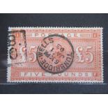 Victoria orange £5 stamp (SG 38) with Tunbridge Wells post mark, D, F bottom letters