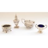 Small selection of hallmarked silver condiments to include Victorian pepperette on square foot