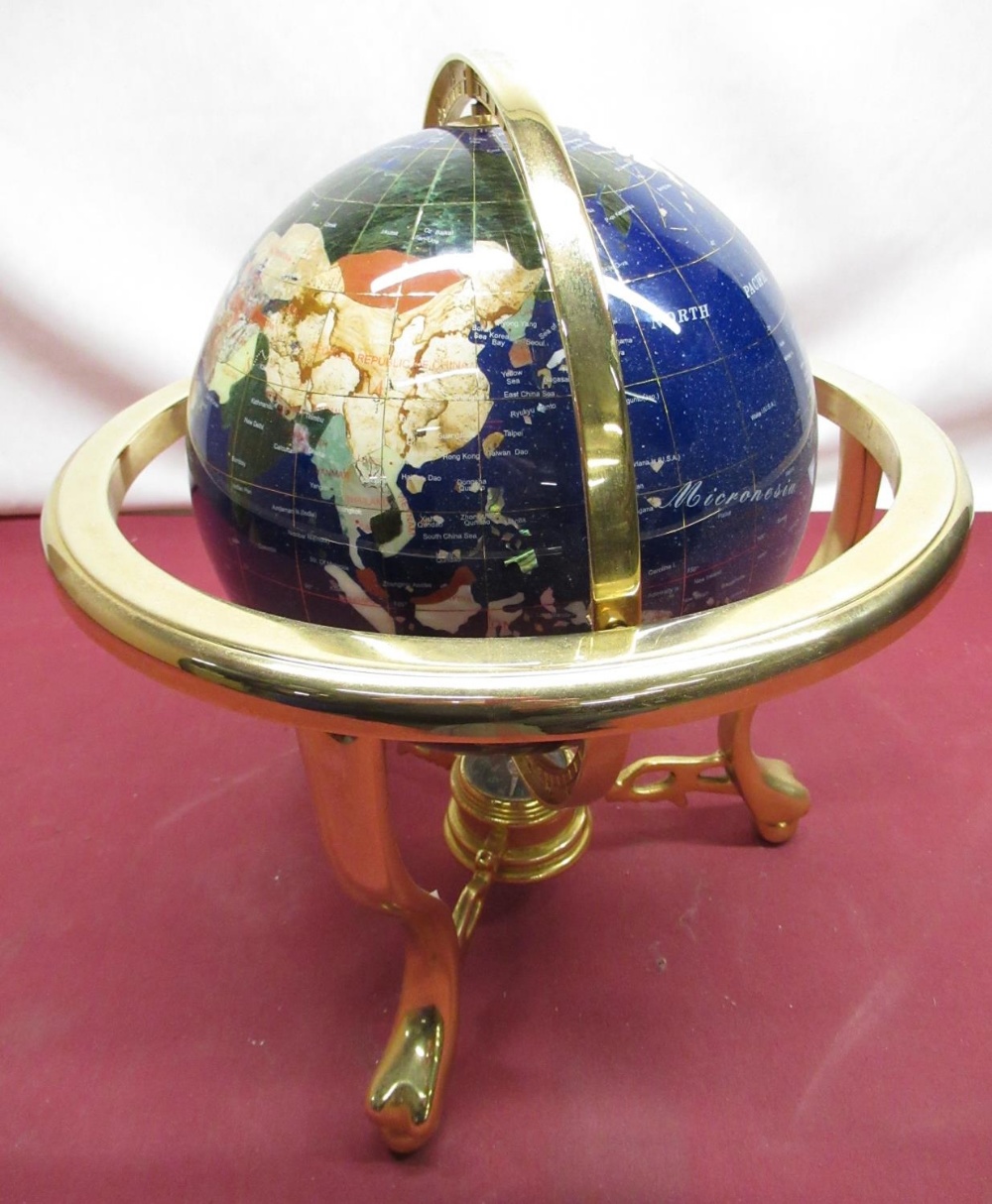 Late C20th hardstone terrestrial globe on lacquered brass gimbled stand