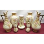 Pair of Crown Devon ewer shaped jugs, marked on base, blush ground with bamboo style handle H33cm,